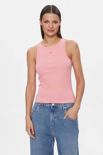 Tommy Jeans γυναικείο αμάνικο τοπ μονόχρωμο ribbed με κεντημένο λογότυπο Slim Fit - DW0DW17382 Ροζ